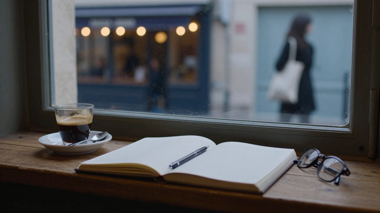 An open notebook with coffee and glasses on a windowsill in Le Marais, blurred jazz bar lights visible outside.