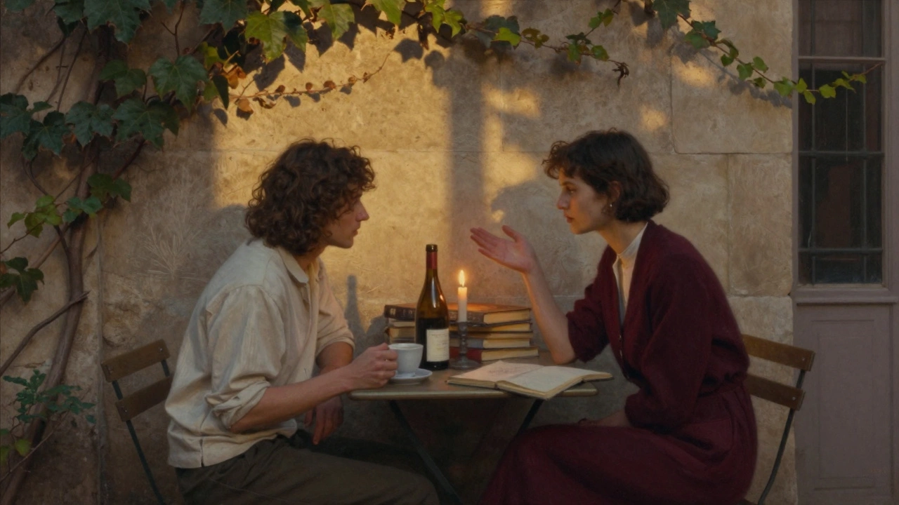 Two people sharing wine in a hidden Paris courtyard at sunset, books and candlelight creating a moment of quiet connection.
